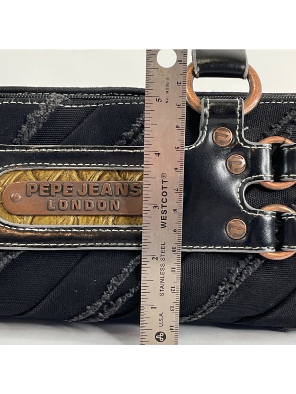 Pepe Jeans Purse Small Black Denim Frayed Vintage Brass Hardware London Rare Y2K - Picture 11 of 15